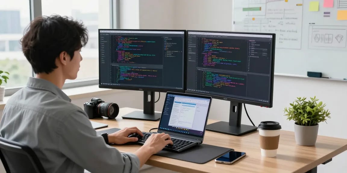 Dynamic tech workspace coding Telegram download on dual screens with coffee and plant