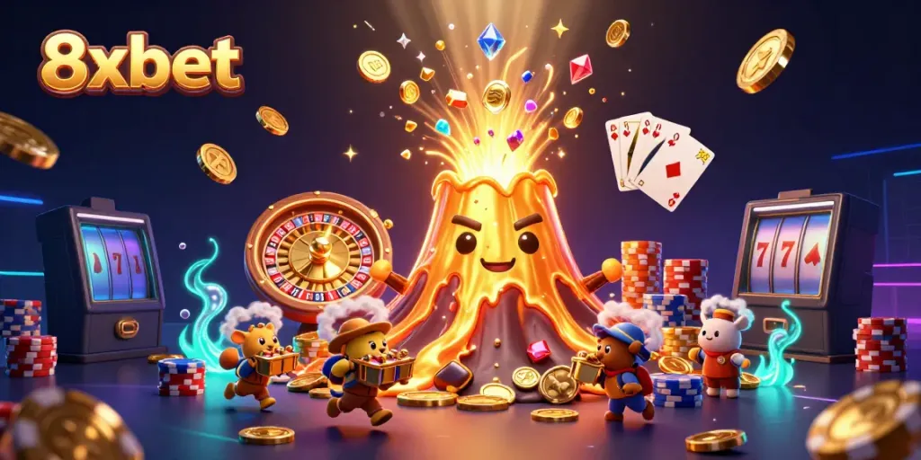 Experience thrilling 8xbet action with a golden volcano erupting treasures and exciting gaming elements.
