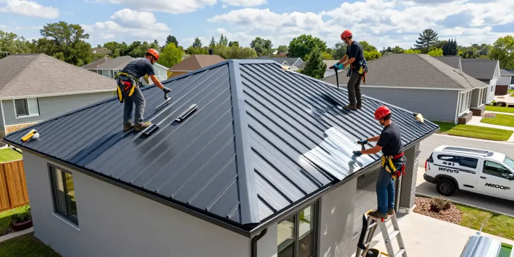 MROOF roofing installation showcasing skilled team working on metal roofing in a suburban setting.
