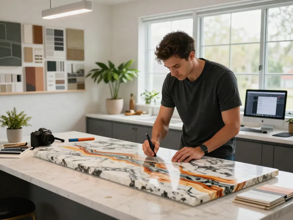Crafting custom countertops in Hamilton with quartz design elements in a stylish kitchen workspace