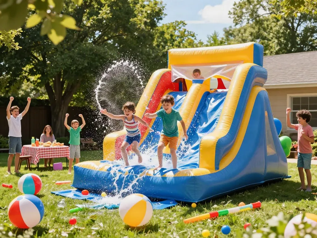 Children enjoying a vibrant water slide on a joyful summer day.