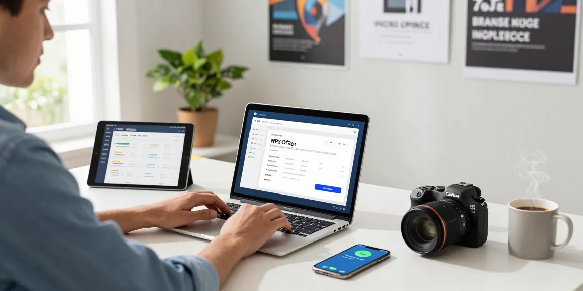 WPS Download process in a modern workspace with tech gadgets and natural light.