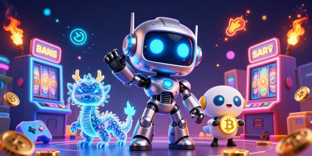 Experience the thrill of vic88cp with this energetic 3D casino scene featuring a chrome robot and holographic dragon.