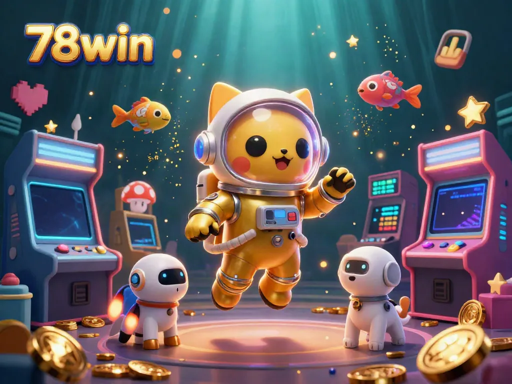 Join the fun at 78win as the astronaut cat and robot dog explore a vibrant casino world!