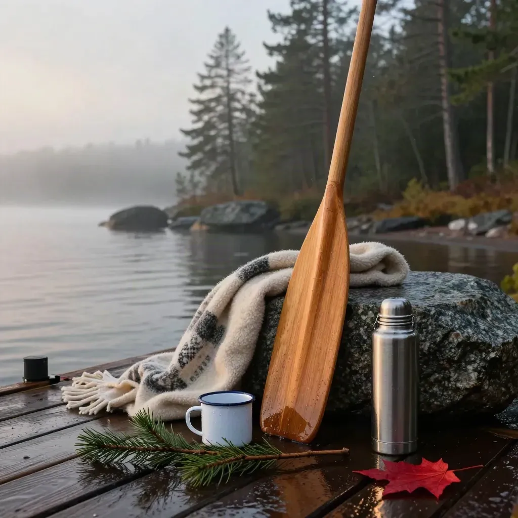 Wet cedar paddle, wool blanket, enamel mug and thermos on a misty Canadian lakeshore dock at dawn.