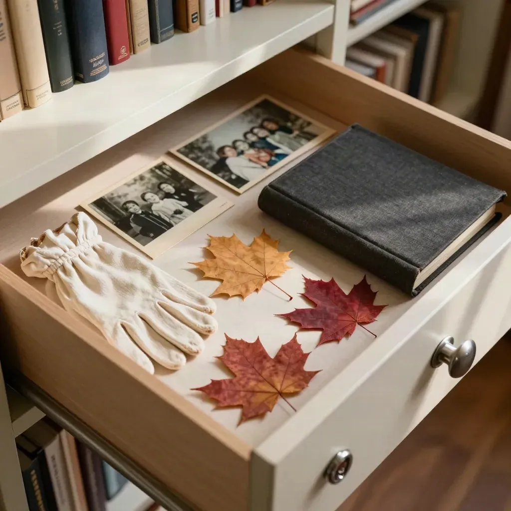 Open archive drawer with maple leaves, cotton gloves, wrapped photos, and a cloth-bound album