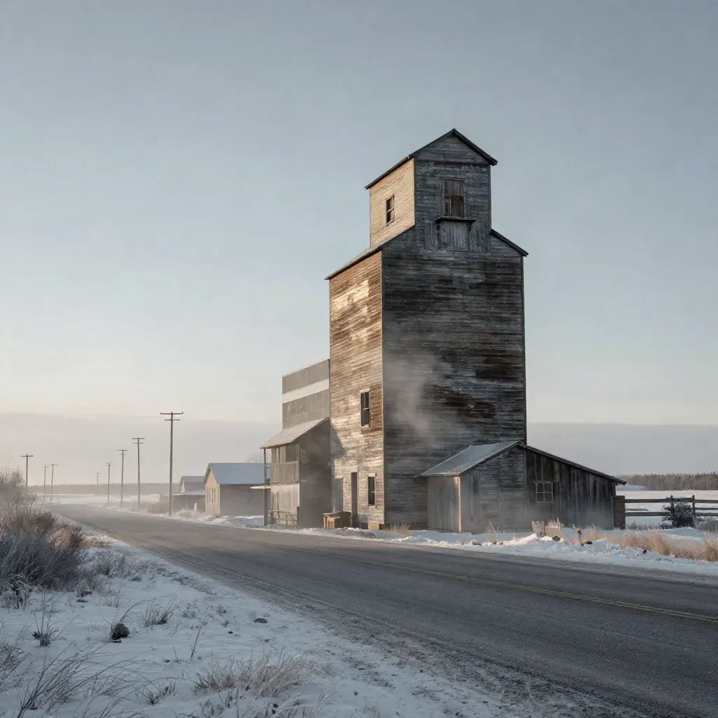 Prairie grain elevator beside an empty winter main street at first light.
