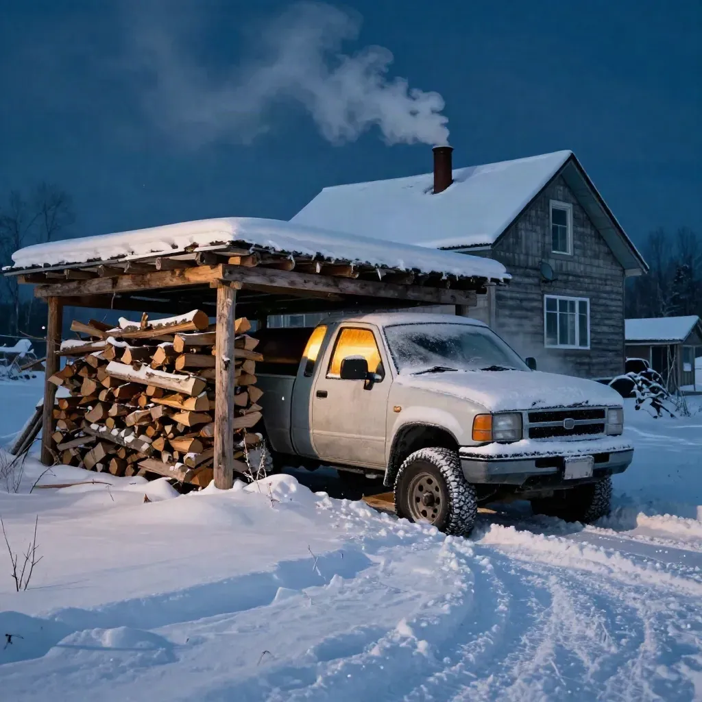Snowy pickup, firewood, satellite dish, and smoke at blue hour in a northern yard.