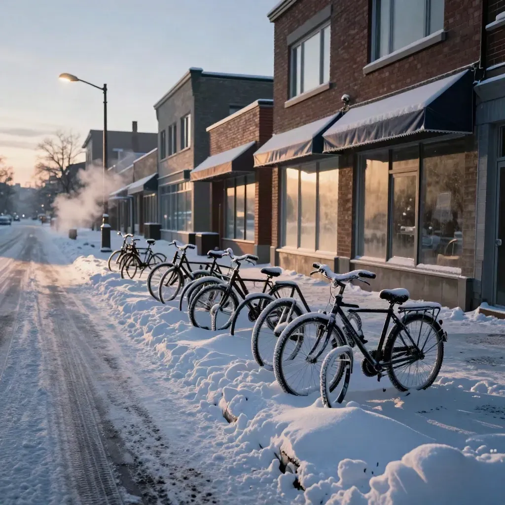Winnipeg winter street with snowbanks, steam, and dark storefronts at dusk.