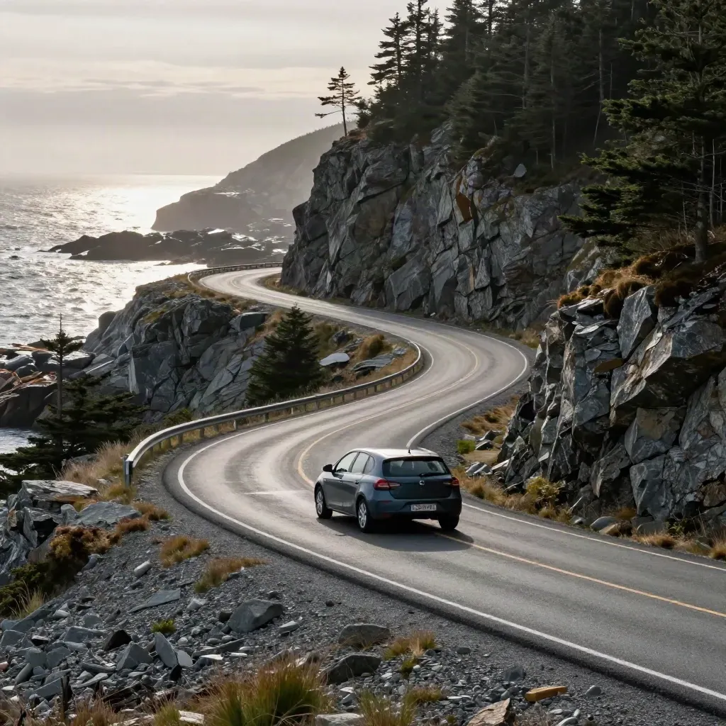 Cabot Trail curve above the Atlantic with a parked hatchback, cliffs, spruce, and sea haze
