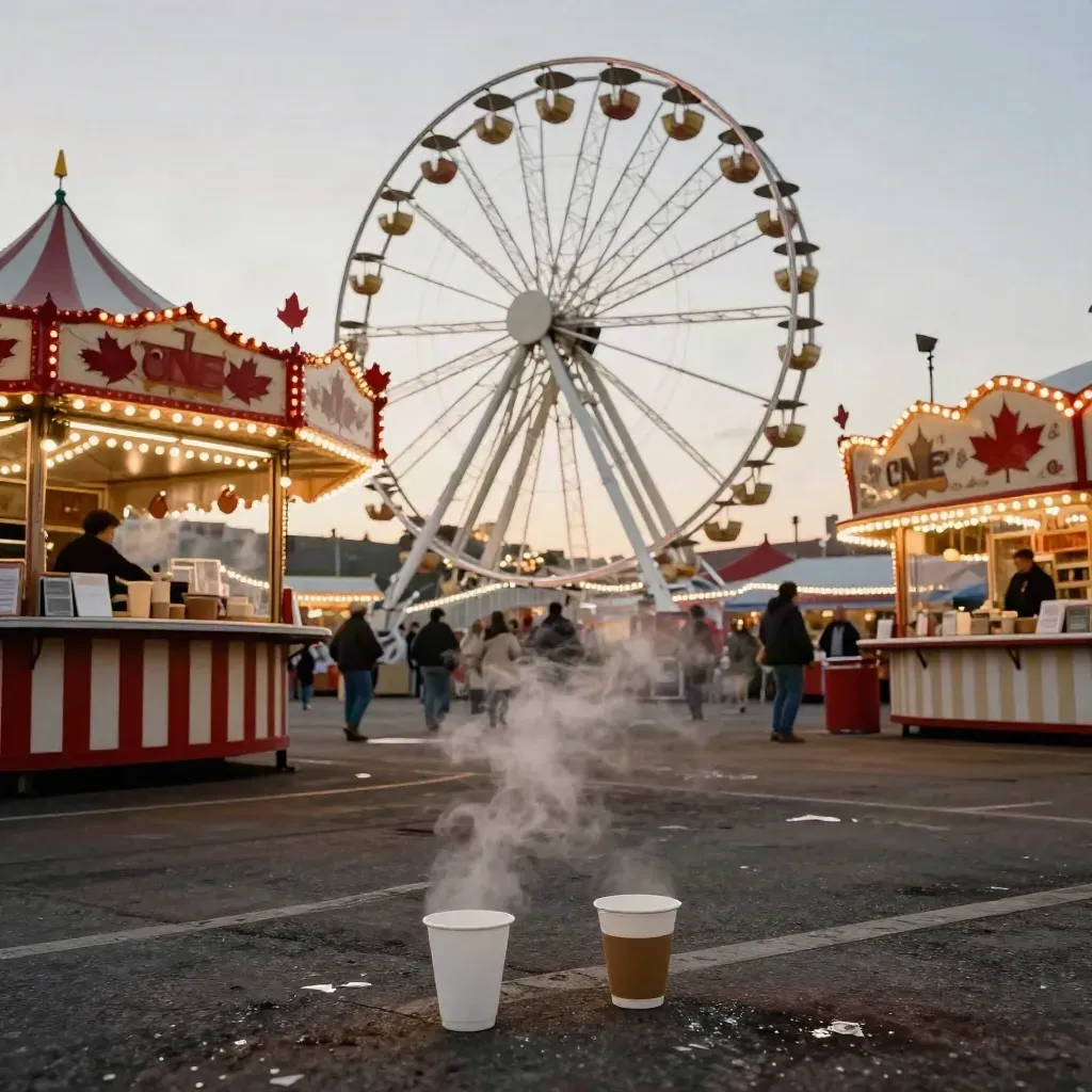 CNE midway at dusk with a Ferris wheel, glowing stalls, steam, and scattered cups