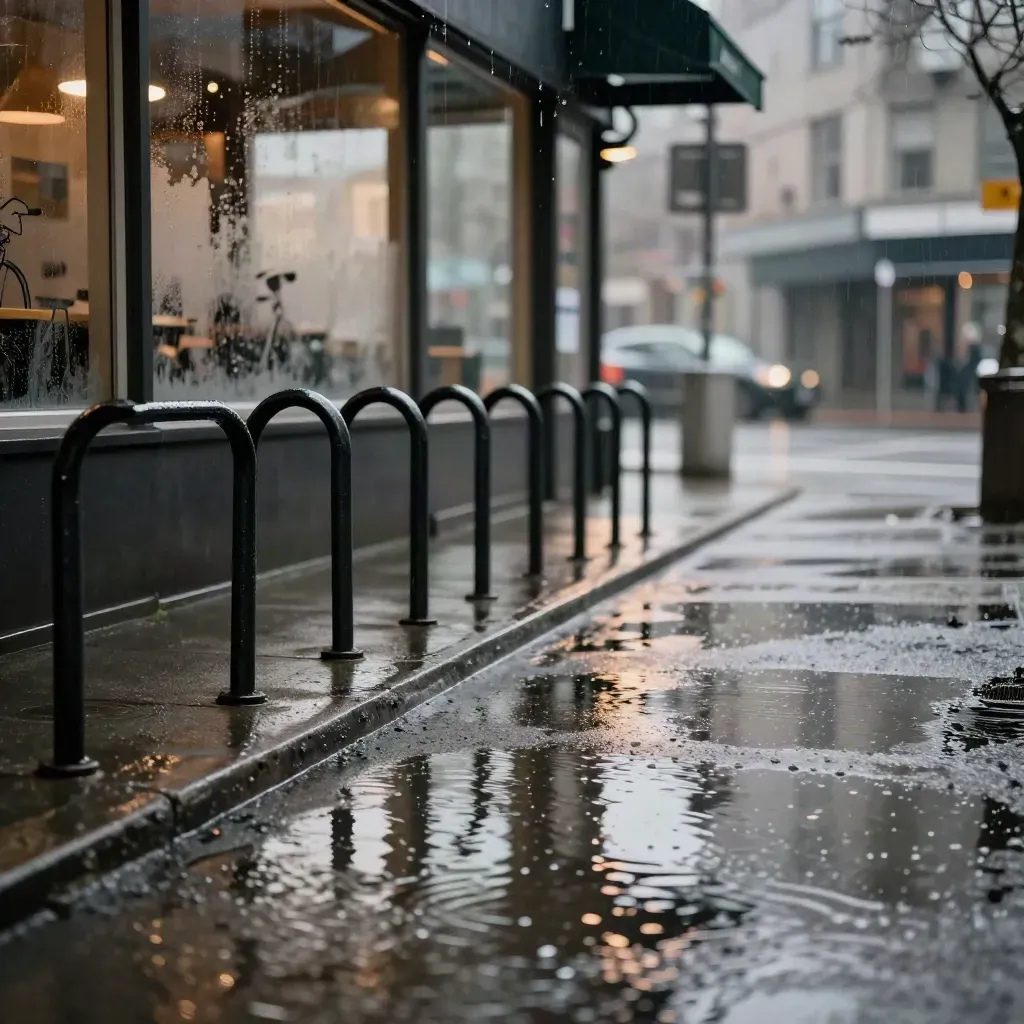 Rainy Vancouver sidewalk with café windows, bike racks, and wet reflections