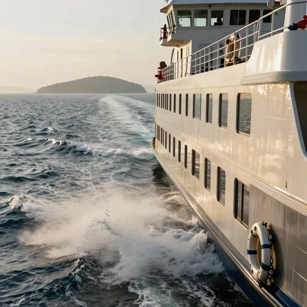 Rear view of a ferry leaving dock, wake slicing toward a distant island.