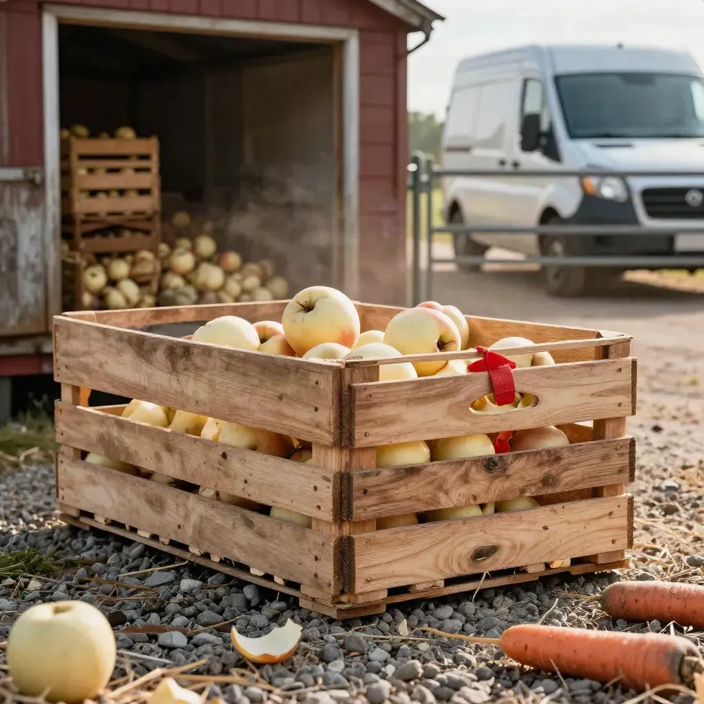 Macro of wooden produce crates with apples and carrots near a farm shed and delivery van