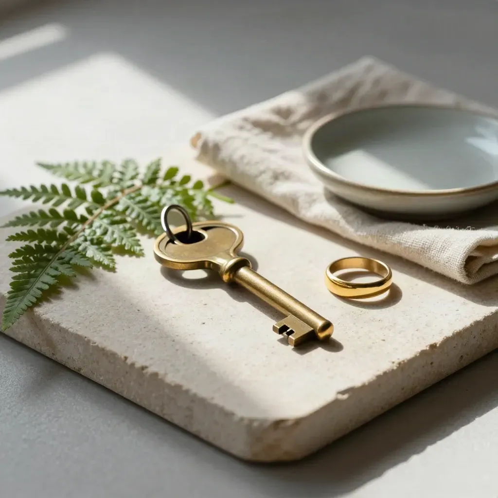 Brass apartment key on stone tray with fern, linen cloth, and ceramic dish