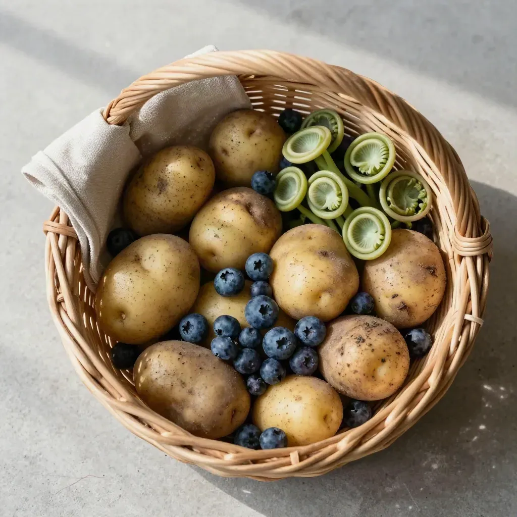 Overhead basket of potatoes, blueberries, fiddleheads and linen on pale concrete.