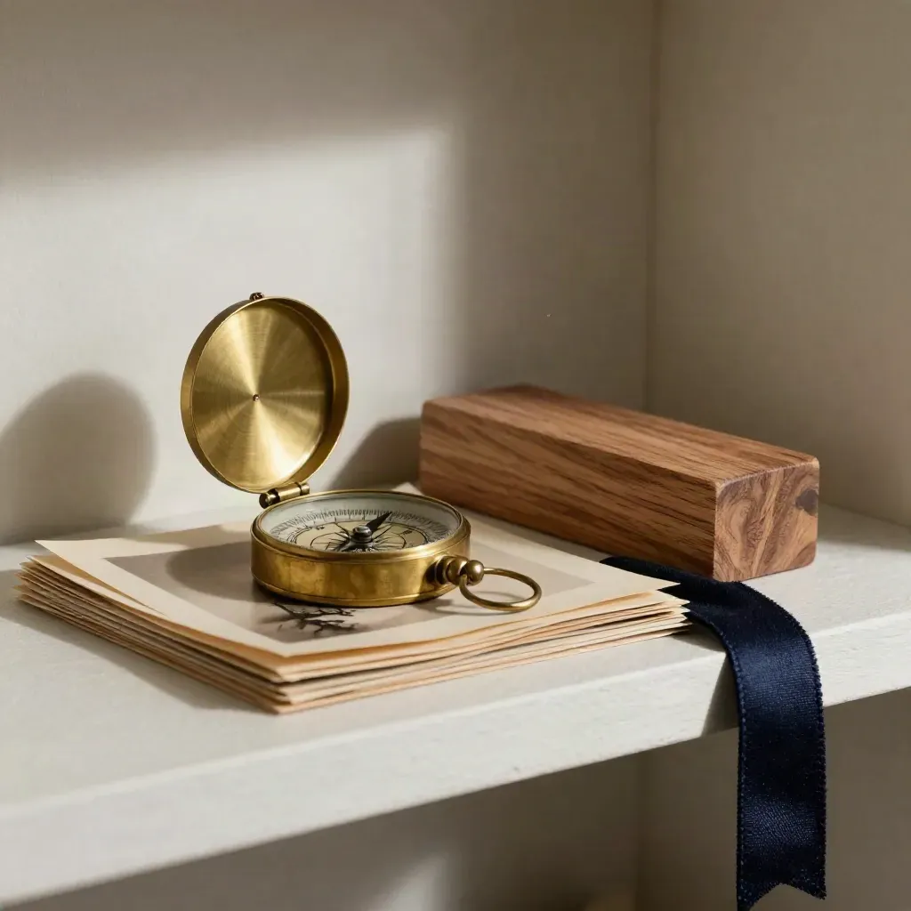 Brass compass, face-down sepia prints, cedar block, and navy ribbon on a plaster shelf.
