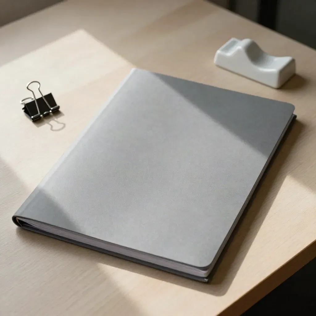 Top-down desk still life with manila folder, passport sleeve, clip, and ceramic paperweight.