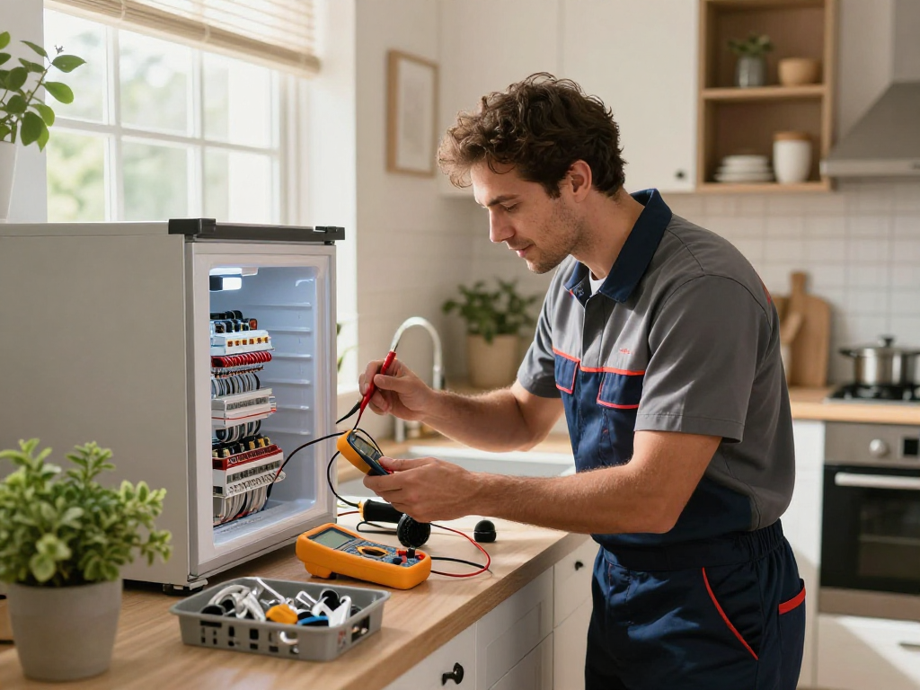 Expert technician performing appliance repair on a refrigerator in a cozy kitchen, showcasing professional service.
