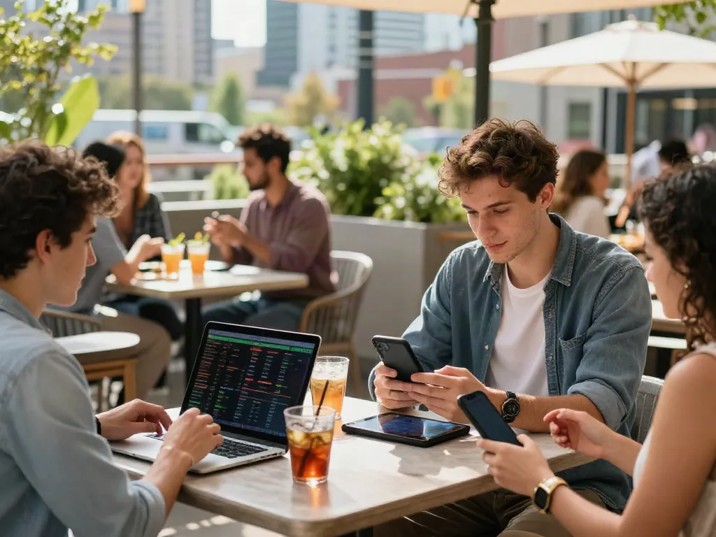 Engaging discussion about Bitcoin Sports Betting Canada at an outdoor café with friends in a vibrant urban setting.