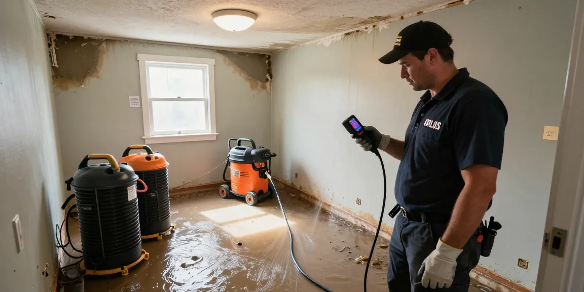 Water Damage Restoration Vancouver: VR PLUS technician performing emergency restoration services in a flooded basement.