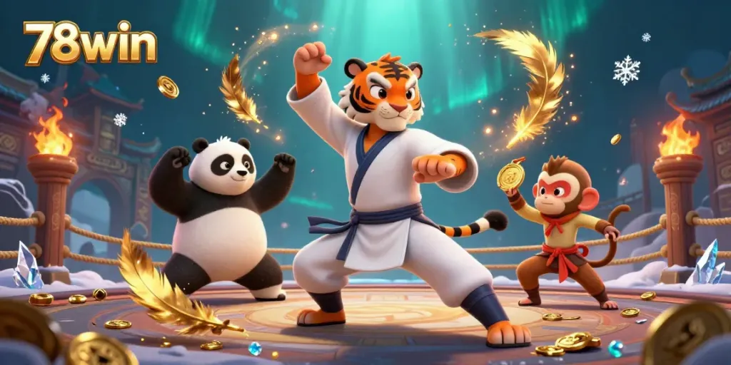Engage with the vibrant world of 78win through a captivating scene of a kung fu tiger master demonstrating skills surrounded by gaming elements.