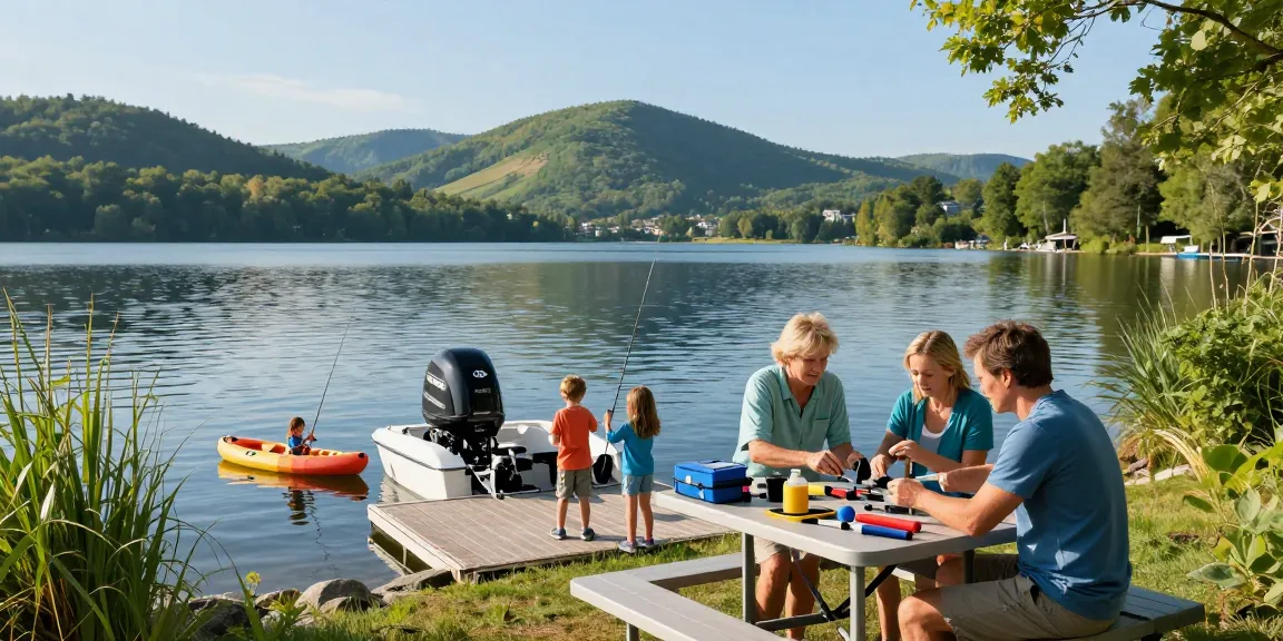A family engaging with boat motors for sale at a scenic marina, surrounded by nature and boating accessories.