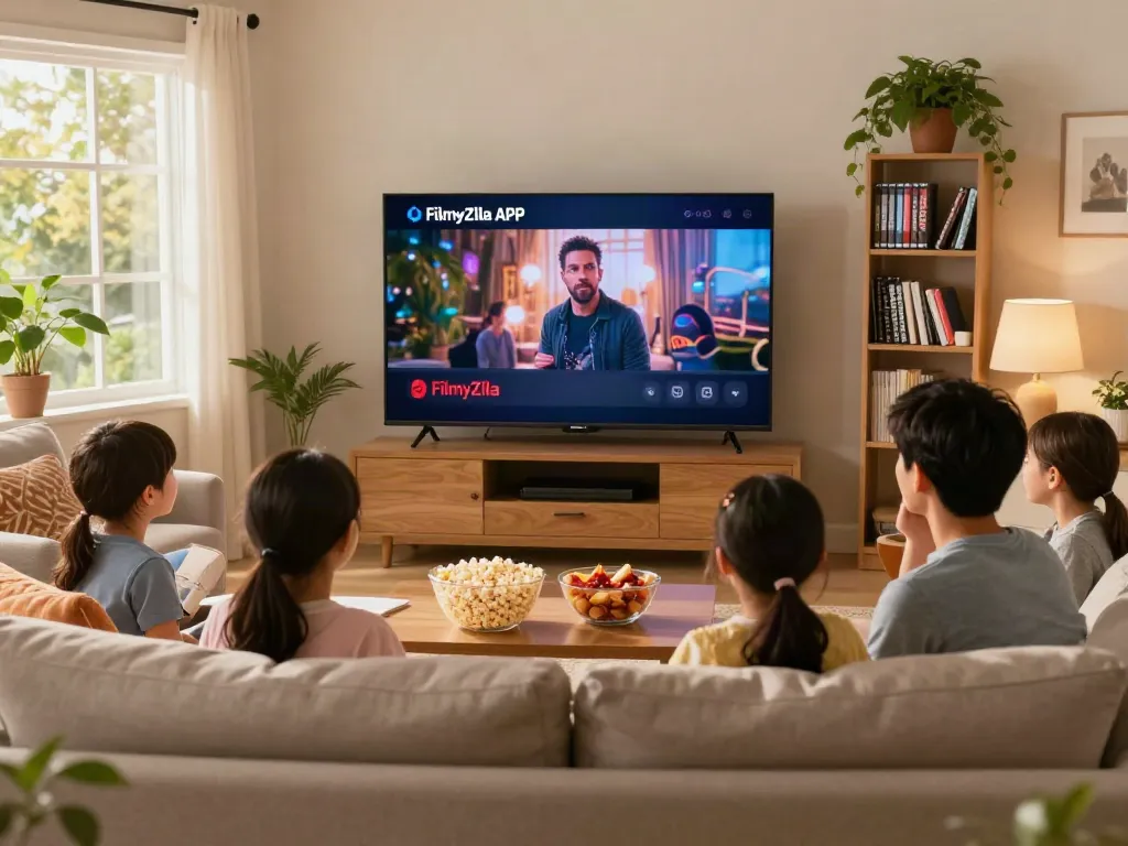 Family enjoying movies using FilmyZilla APK in a cozy living room