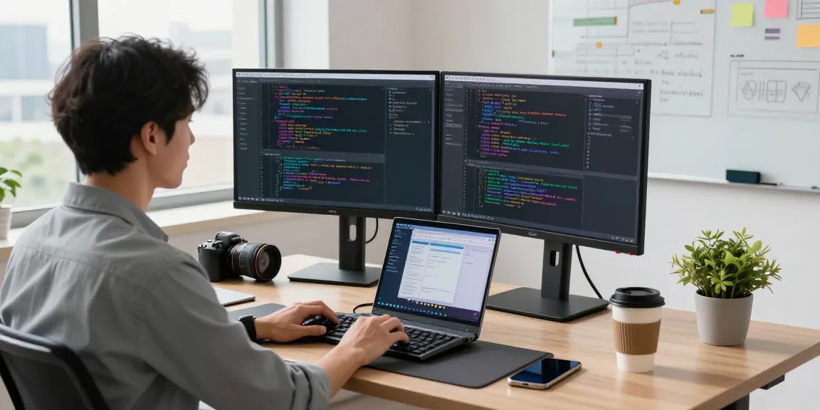 Dynamic tech workspace coding Telegram download on dual screens with coffee and plant