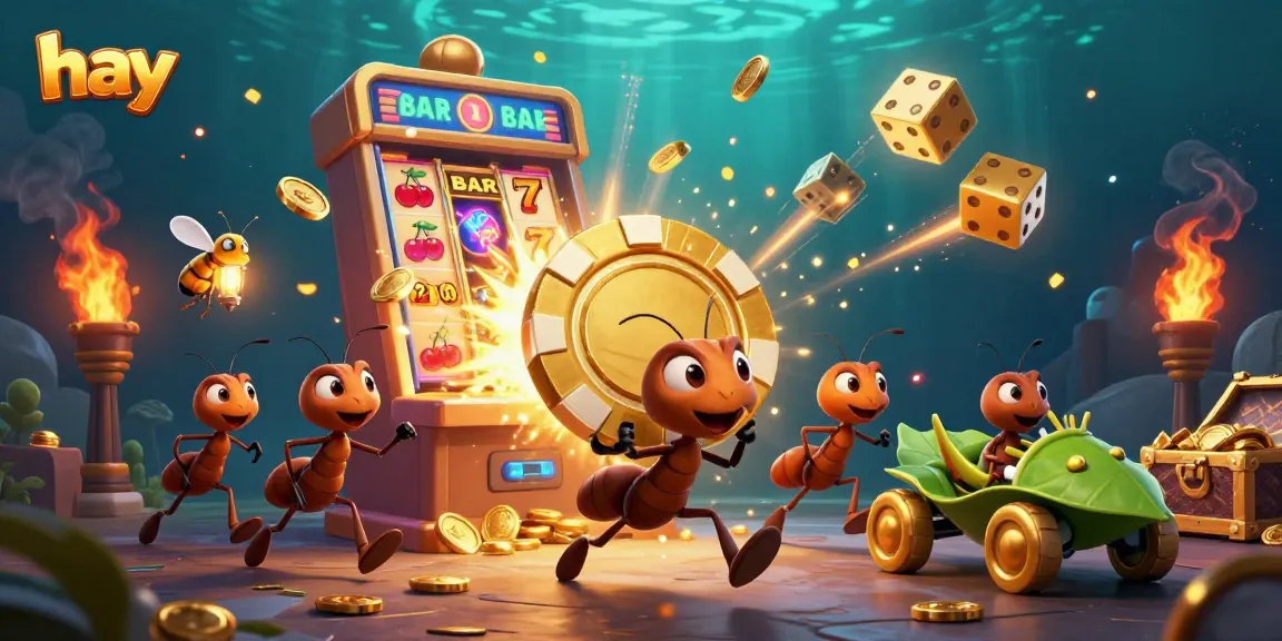 Ants carry a giant poker chip in a casino heist scene showcasing hay's vibrant gaming adventure.
